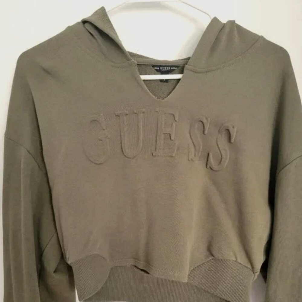 Guess Olive Cropped Hooded V-Neck Sweatshirt